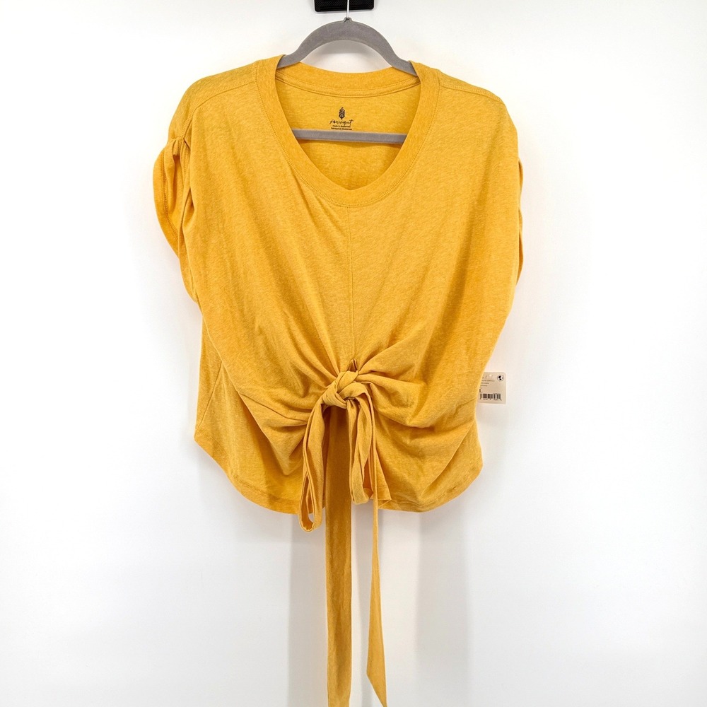 Free People Movement Tie Front‎ Tee Large Mustard Yellow Womens Slub Knit Top